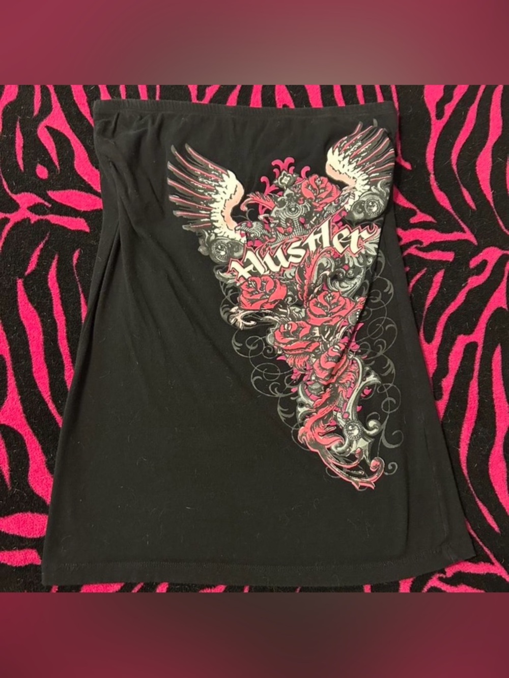 Rare Y2K Hustler Tube Top Gothic Angel Wings Graphic Pink Cross Tattoo